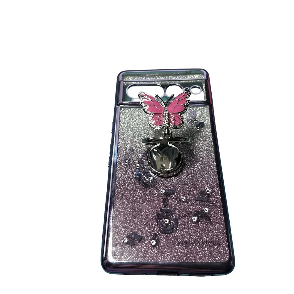 Google Pixel 7 Pro Glitter Butterfly Case w/ Ring Stand & Lanyard Purple